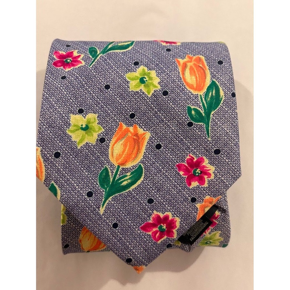 Marks & Spencer Mens Silk Tie Blue‎ Grey Orange Tulip Floral Polka Dot Print - Picture 7 of 8